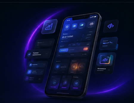 Premium mobile app dashboard with connected feature cards