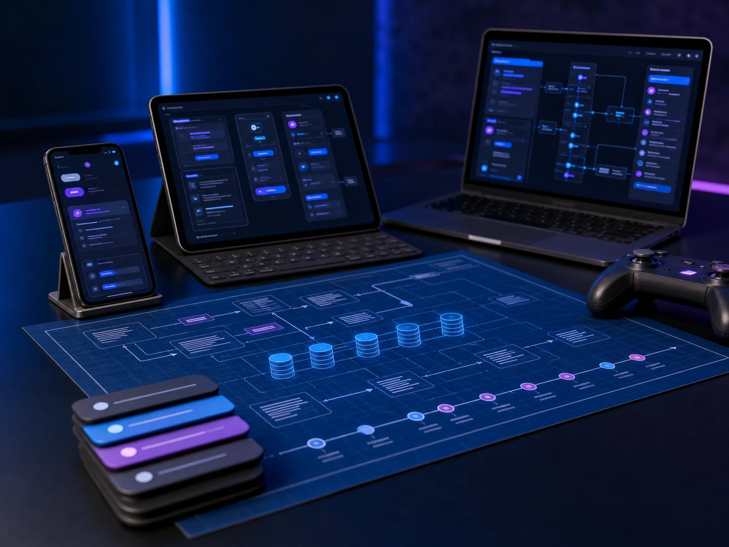 A custom app prototype defined across devices with a structured system blueprint