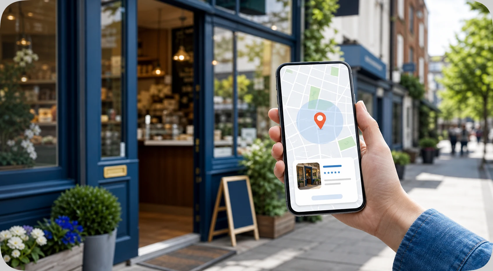 Business website and local-search visibility concept shown across desktop and mobile.