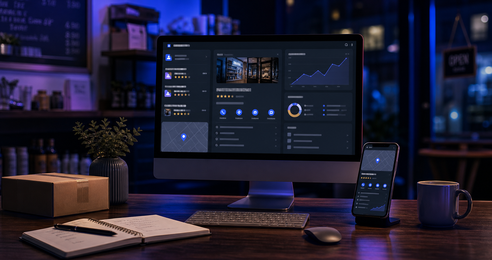 Local business visibility dashboard with map presence, reviews and performance