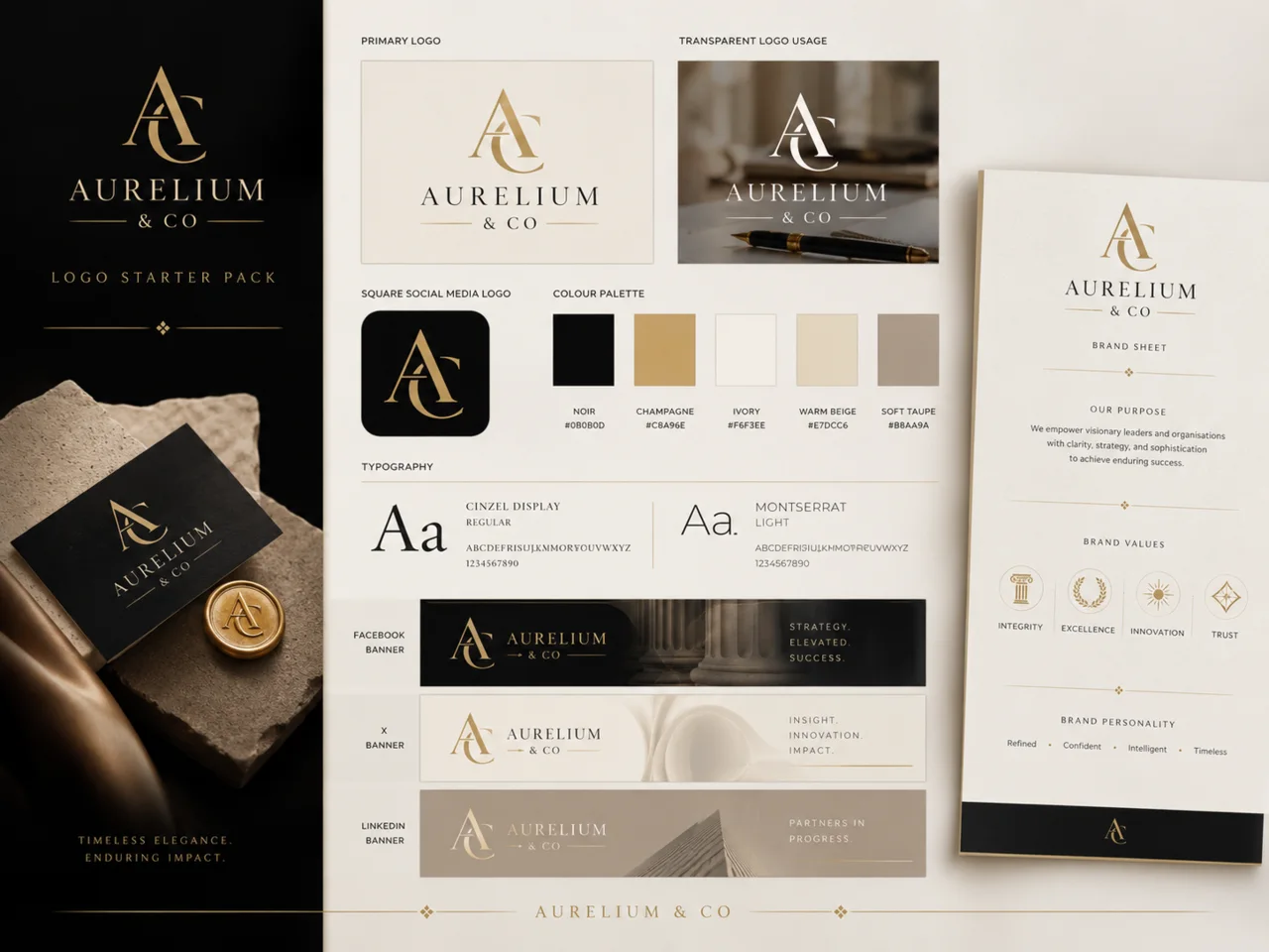Aurelium and Co luxury brand board with logo starter pack assets