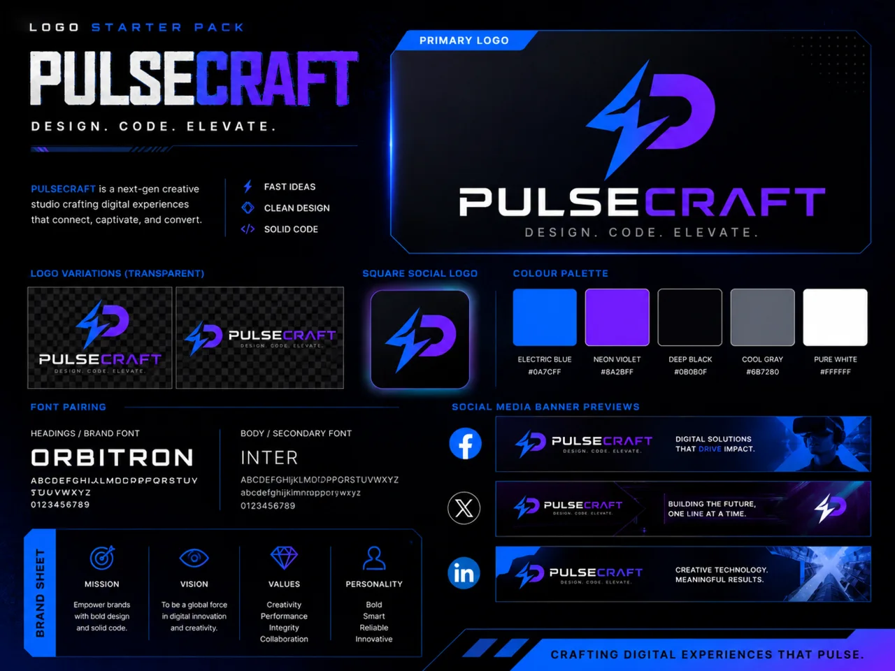 Pulsecraft futuristic neon logo starter pack presentation