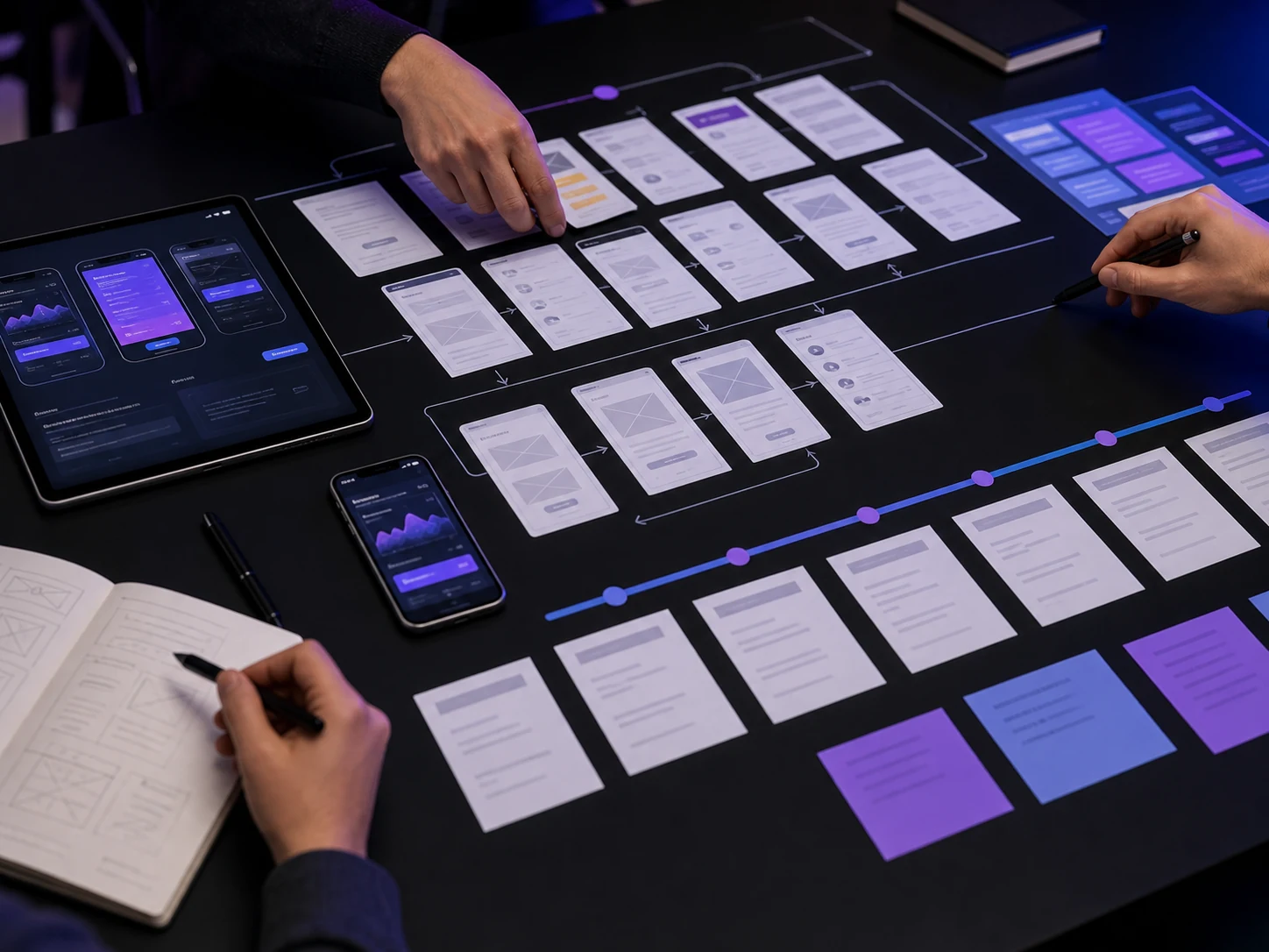 A custom app user journey being planned with wireframes, priorities and prototypes