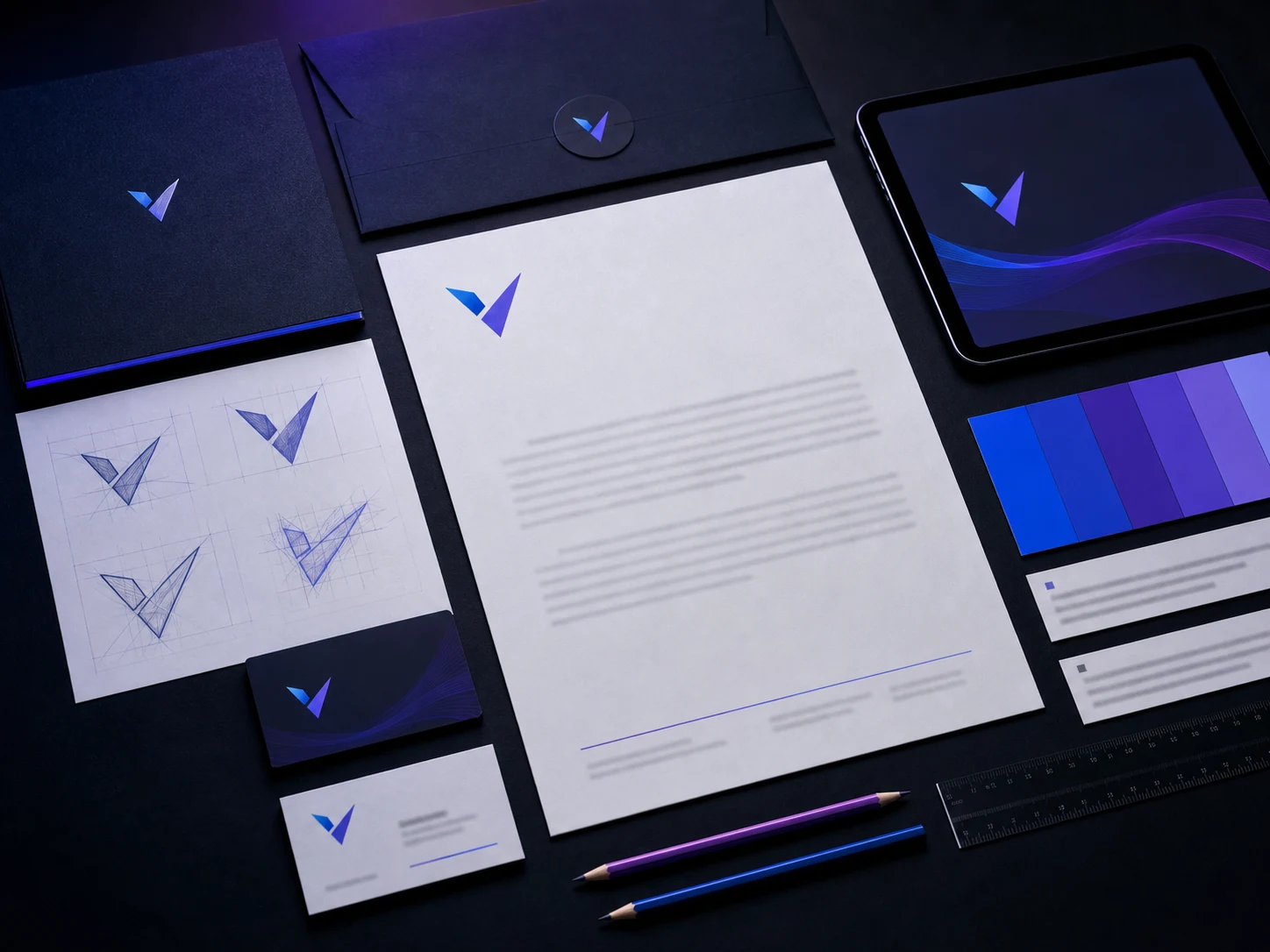 A coordinated mini brand kit with logo, colour palette and business stationery