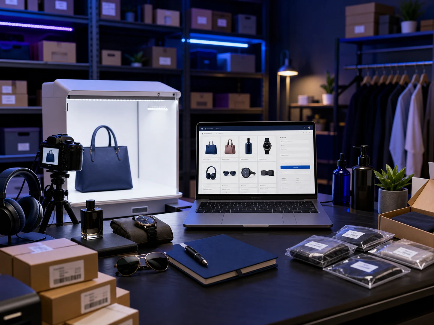 Products being photographed, organised and added to an online shop catalogue