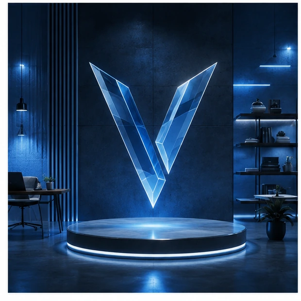 Glowing abstract V symbol in a premium blue studio environment.