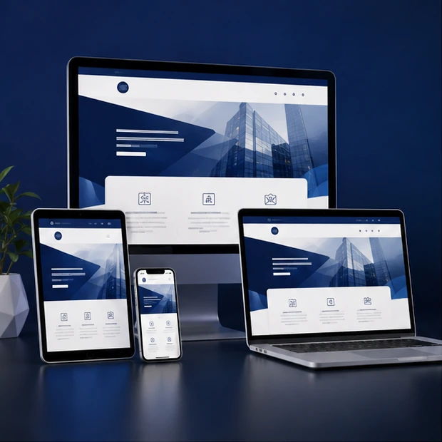 Responsive business website concept shown across desktop, tablet and phone screens.