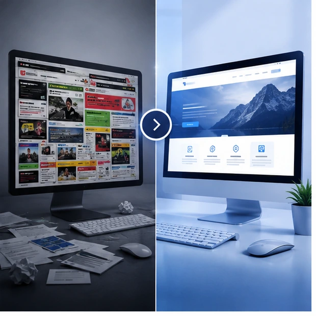 Comparison scene showing cluttered low-quality design beside a cleaner professional website.