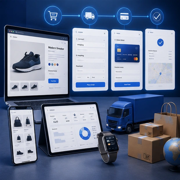 eCommerce cost concept with product pages, checkout, shipping and fulfilment elements.