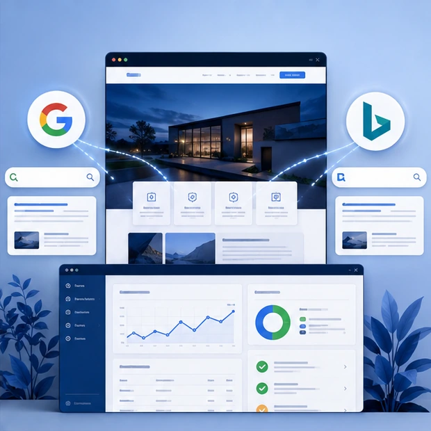Website visibility concept with search engines and a webmaster-style analytics dashboard.