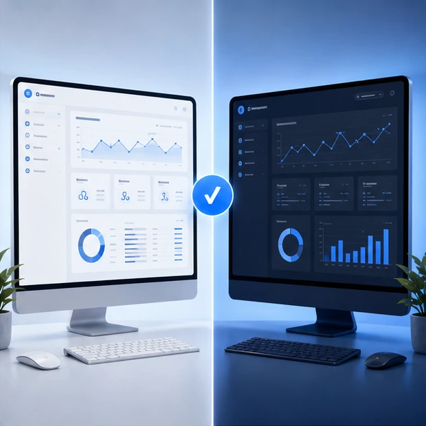 Comparison between two webmaster analytics dashboards in light and dark interfaces.