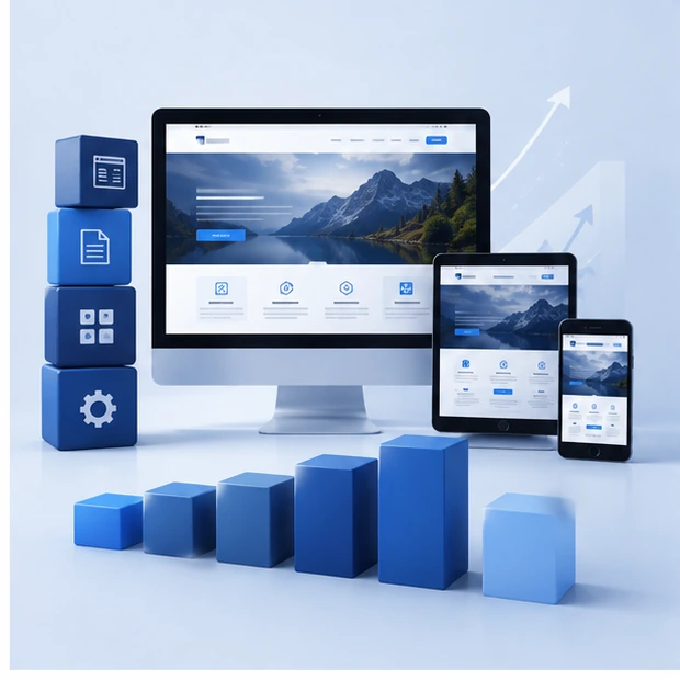 Website cost concept using feature blocks, devices and scope-related building blocks.