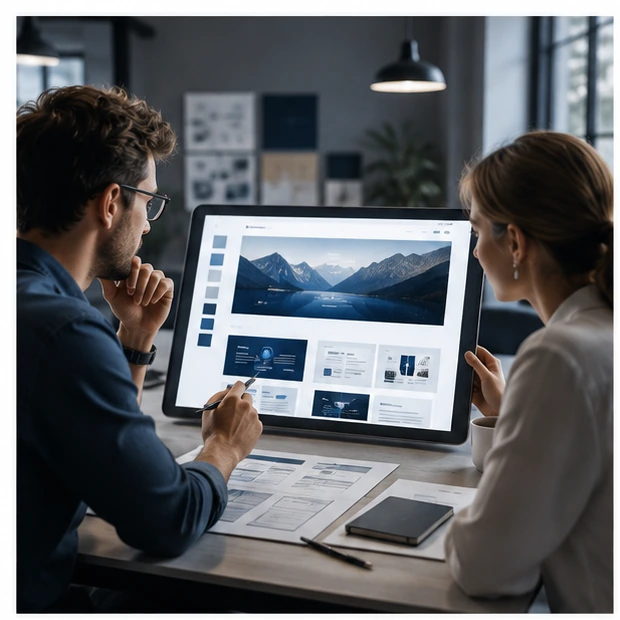 Two people reviewing a website design concept together on a large screen.
