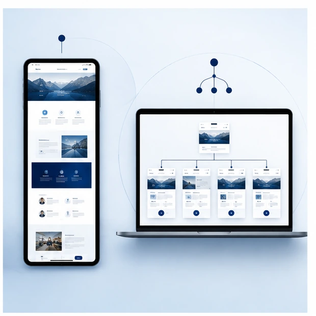 Comparison between a single scrolling website layout and a multi-page site structure.