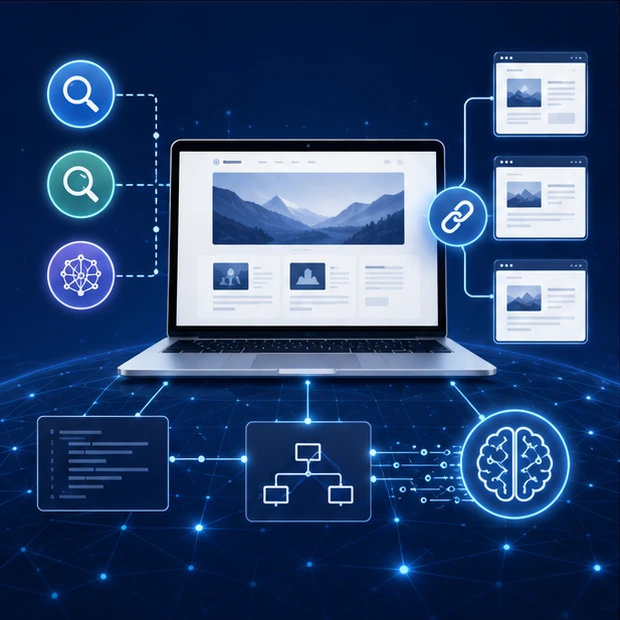 Modern search-readiness concept combining linked pages, code, structured content and AI-style signals.