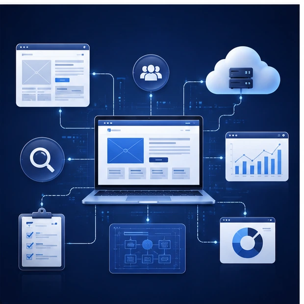 Connected digital planning scene showing website structure, search visibility and supporting systems.