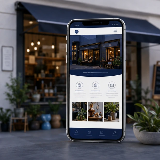 Mobile-first small business website concept displayed in front of an independent storefront.