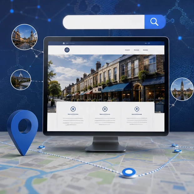 Business website concept shown with local discovery and map-style cues.