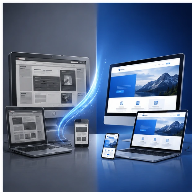 Before-and-after style website redesign concept across multiple screens.