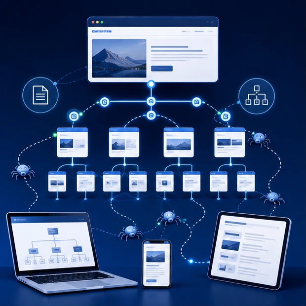 Sitemap and crawl-route concept showing connected website pages and devices.