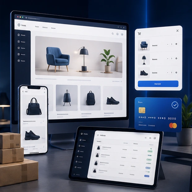 WooCommerce-style online store concept with products, cart and admin screens.