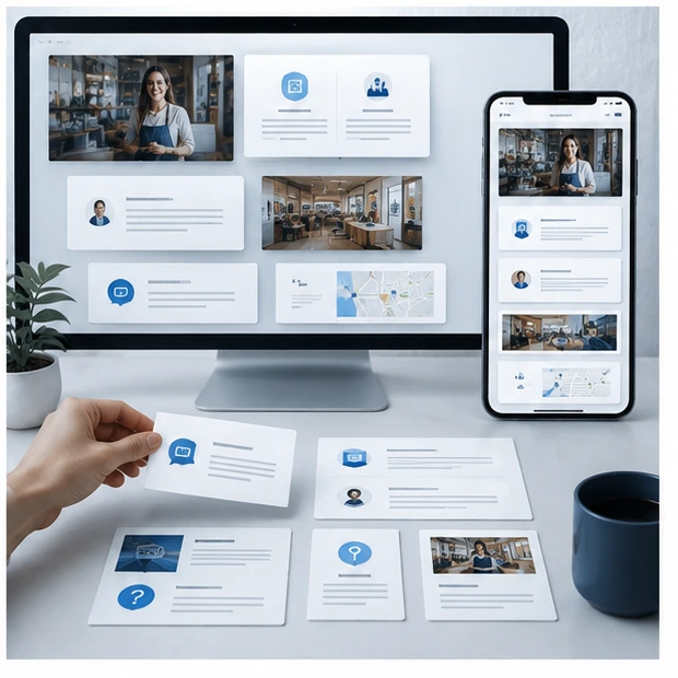 Website content planning concept with page cards and responsive screen layouts.