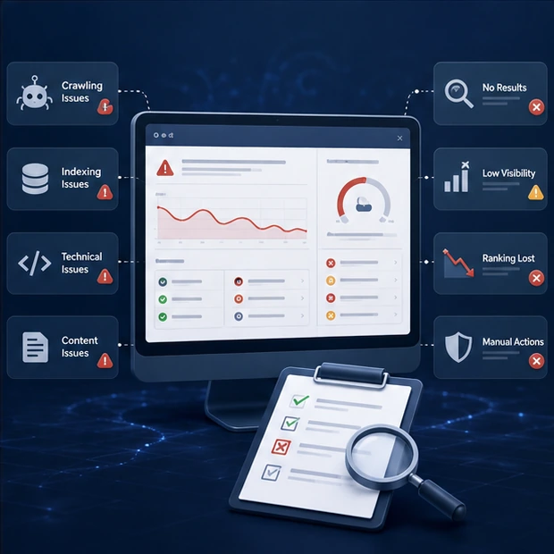 Technical diagnosis concept with site-visibility warnings and search-performance checks.