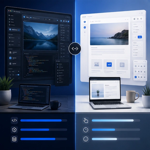Comparison between two website-building environments representing different levels of control and simplicity.