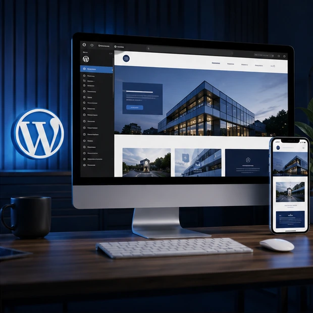 WordPress website concept with a polished front end and management-style dashboard.