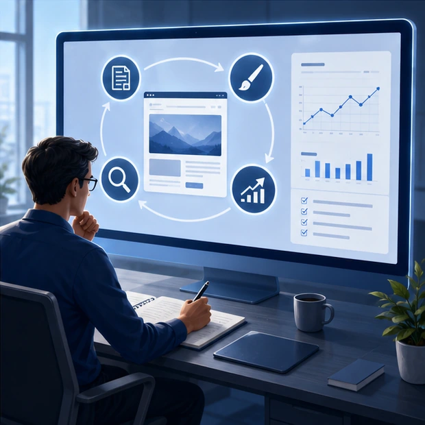 Website strategy and design planning shown on a large digital workspace.