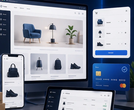 Online store catalogue interface with product cards and store management tools.