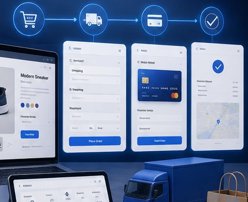 Online checkout and payment workflow shown across modern store interfaces.