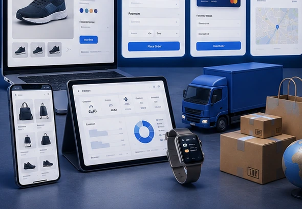 Online store control view with orders, devices and fulfilment workflow elements.