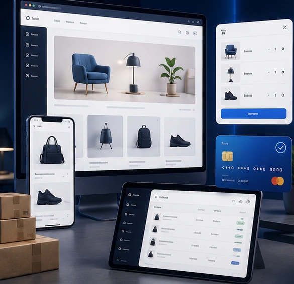Online store management workspace with product catalogue, orders and customer-facing screens.