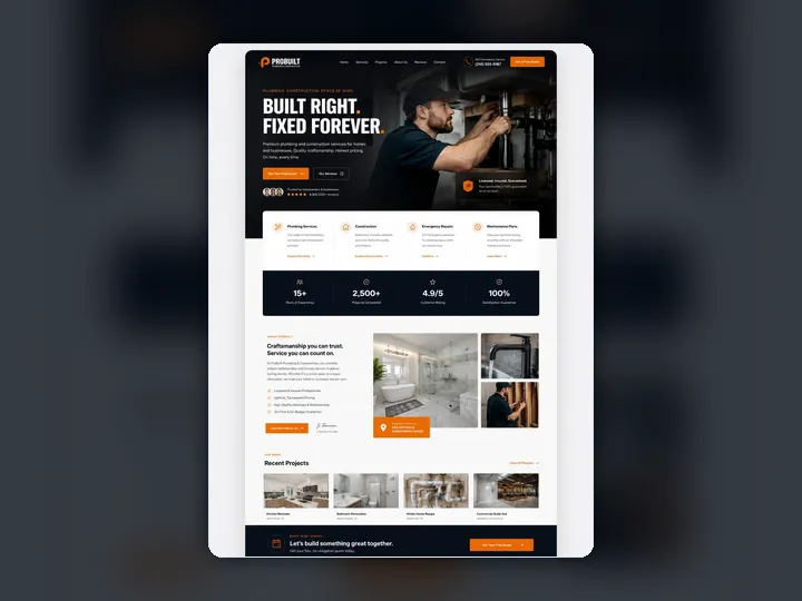 ProBuilt Plumbing & Construction custom website mock-up